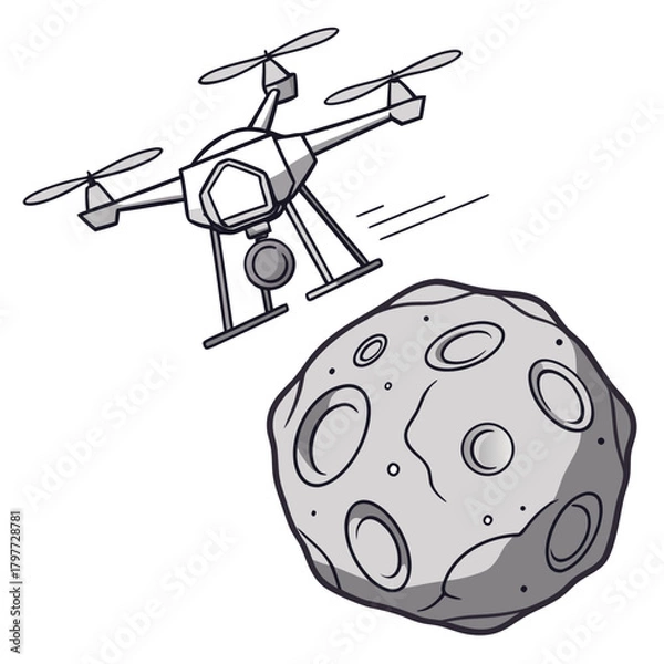 Obraz A futuristic drone with a camera explores a rocky asteroid in outer space on a white background