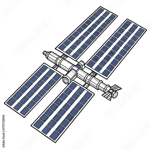 Obraz Stylized illustration of a modern space station with large solar panels against a white background