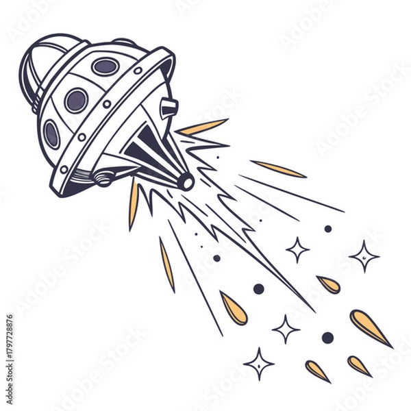 Obraz Retro style cartoon spaceship or ufo blasting off with speed lines stars and sparks in a playful doodle illustration