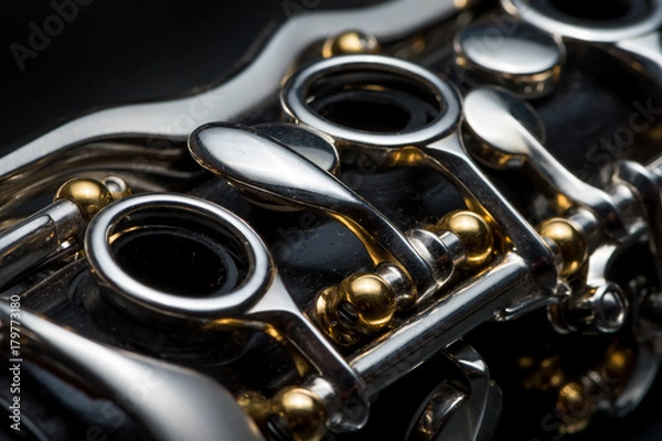 Fototapeta Details of a clarinet with silver keys and golden sockets