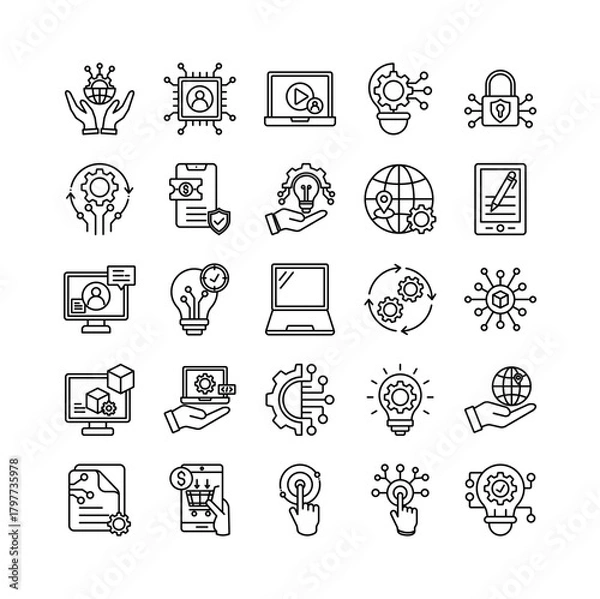 Fototapeta Technology icon set collection. Containing services, operation, program, efficiency, profit, touch, agreement.Line vector icons collection