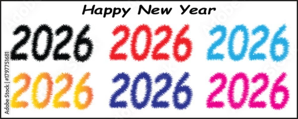 Obraz Six variations of the number 2026 featuring a fuzzy, colorful, and unique furry texture, perfect for holiday greeting cards and winter decorations.
