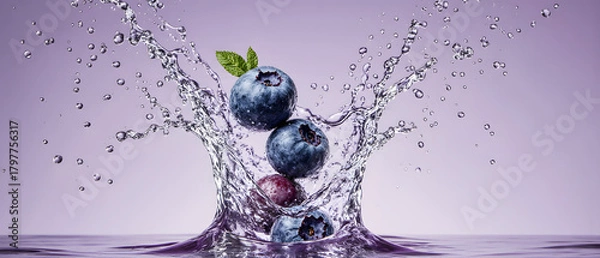 Fototapeta Fresh blueberries splashing in water with vibrant motion and elegance