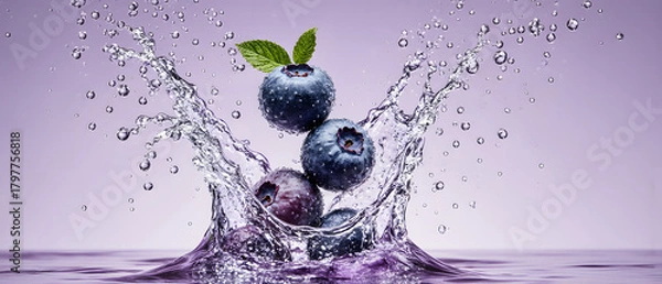 Fototapeta Fresh blueberries splashing in water with vibrant motion and elegance
