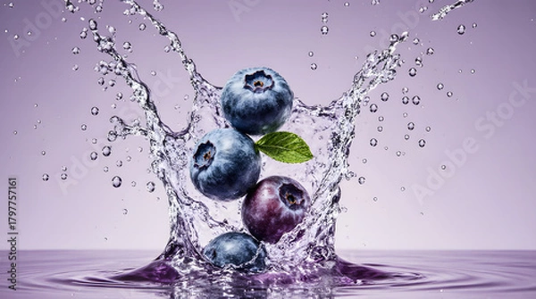 Fototapeta Fresh blueberries splashing in water with vibrant motion and elegance