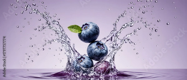 Fototapeta Fresh blueberries splashing in water with vibrant motion and elegance