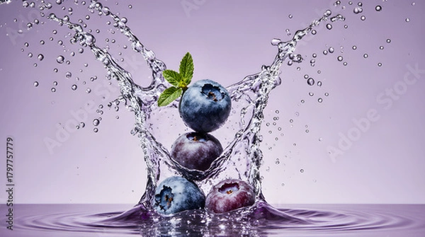 Fototapeta Fresh blueberries splashing in water with vibrant motion and elegance