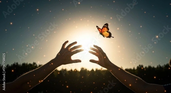 Obraz Hands reaching for a butterfly at sunset, with golden sparkles