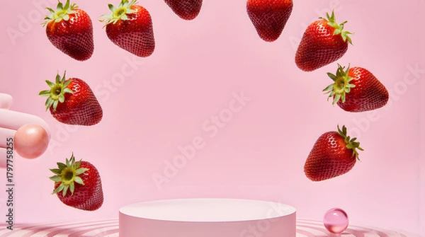 Fototapeta Floating strawberries above pink podium in playful, modern studio scene