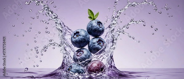 Fototapeta Fresh blueberries splashing in water with vibrant motion and elegance