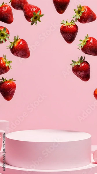 Fototapeta Floating strawberries above pink podium in playful, modern studio scene