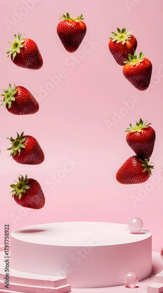 Fototapeta Floating strawberries above pink podium in playful, modern studio scene