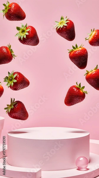 Fototapeta Floating strawberries above pink podium in playful, modern studio scene