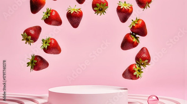 Fototapeta Floating strawberries above pink podium in playful, modern studio scene