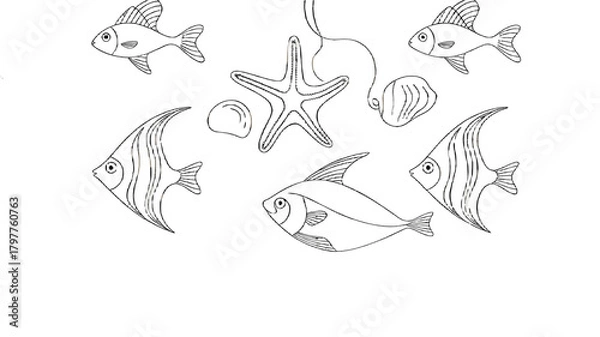 Obraz A collection of sketches featuring various sea creatures, creating a serene and imaginative underwater scene.