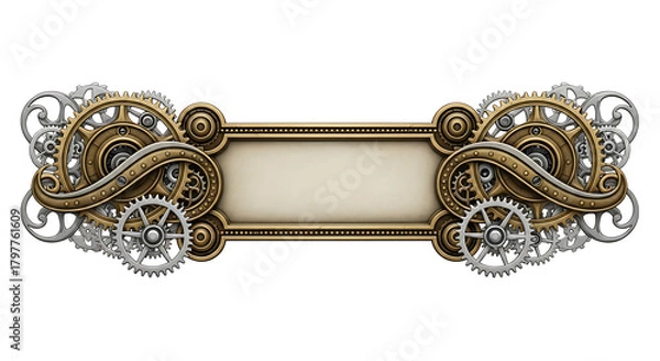 Obraz Elaborate steampunk banner with ornate gold and silver mechanical gears on a clean background
