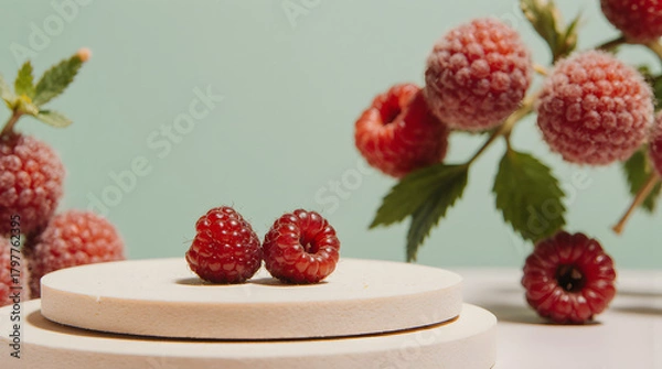 Fototapeta Frosted raspberries displayed on minimalist podium with soft natural lighting