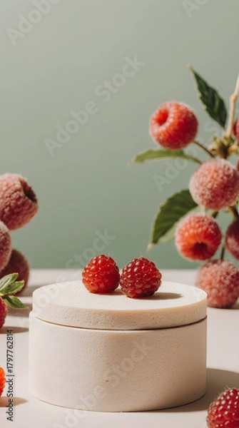 Fototapeta Frosted raspberries displayed on minimalist podium with soft natural lighting