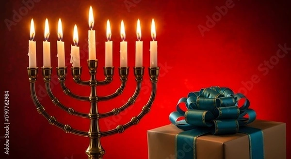 Obraz Hanukkah menorah with burning candles and gift box on red background