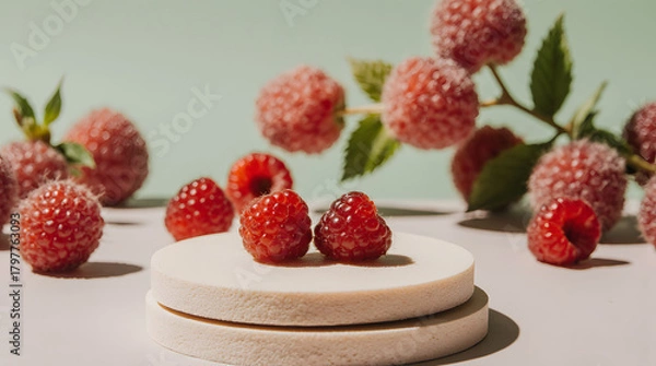Fototapeta Frosted raspberries displayed on minimalist podium with soft natural lighting