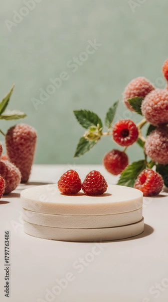 Fototapeta Frosted raspberries displayed on minimalist podium with soft natural lighting