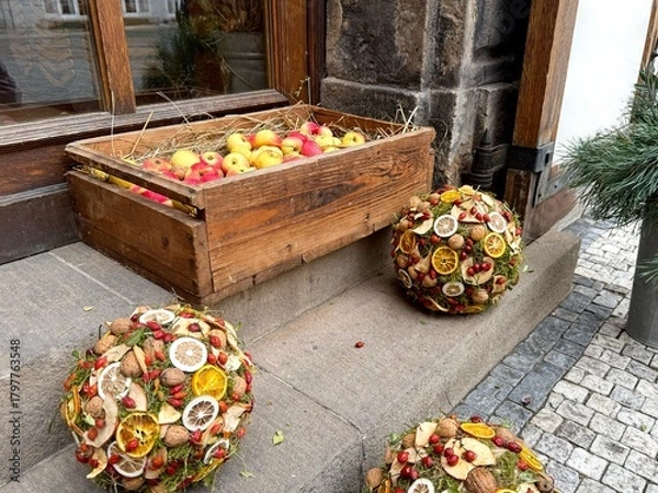 Fototapeta A box of apples as a decoration