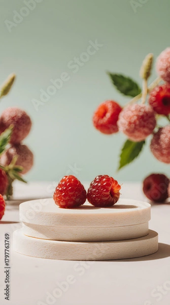 Fototapeta Frosted raspberries displayed on minimalist podium with soft natural lighting
