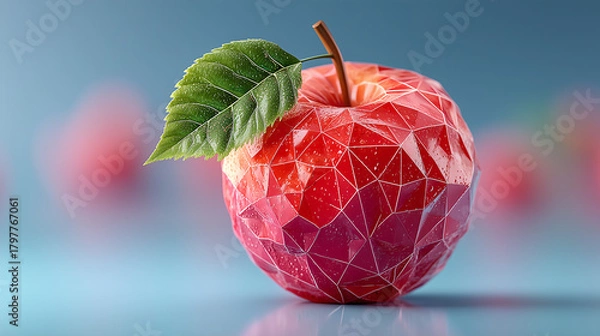 Fototapeta Red apple fruit with polygon mesh and leaf fresh food design concept