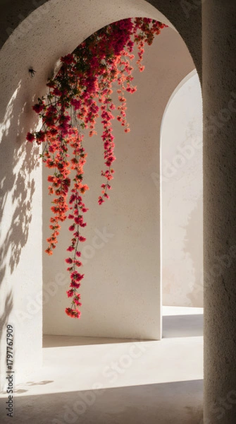 Fototapeta Red flowers cascade through an archway into a bright, sunlit space