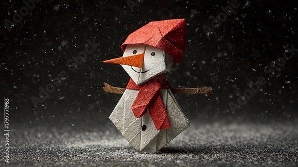 Fototapeta An origami snowman crafted with vibrant colors, set against a snowy backdrop. Its geometric shapes and minimalistic design evoke a sense of winter whimsy and holiday cheer.