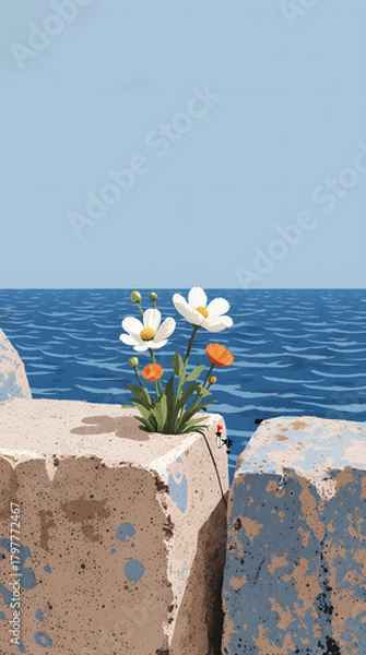 Fototapeta Wildflowers bloom between rocks with the ocean shimmering in the background