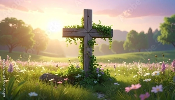 Obraz Rustic wooden cross adorned with green ivy stands tall in a sunlit meadow filled with colorful wildflowers during golden hour with trees in the background