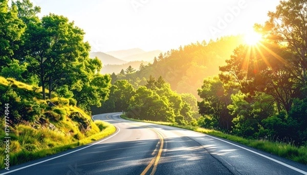 Obraz Scenic Winding Asphalt Road Through Lush Green Forested Mountains Under a Bright Golden Sunburst Lighting the Landscape