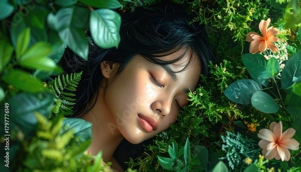 Obraz Serene Asian Woman Sleeping Peacefully Surrounded by Lush Greenery and Delicate Orange Flowers with Subtle Sparkles on Her Face