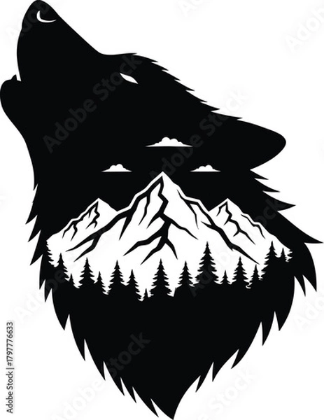 Obraz Wolf howling with mountain and forest landscape for rugged outdoor spirit art Vector silhouette
