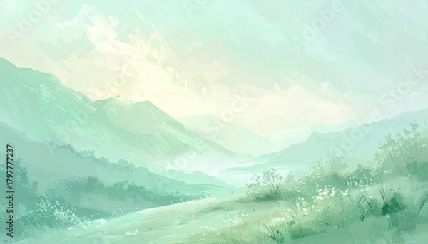 Obraz Serene Mountain Landscape With Gentle Mist And Soft Sunlight In Pastel Green Tones