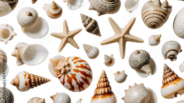 Fototapeta A collection of various seashells and starfish on white background