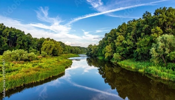 Obraz Serene River Winding Through Lush Green Forest Under a Bright Blue Sky with Wispy Clouds on a Sunny Day