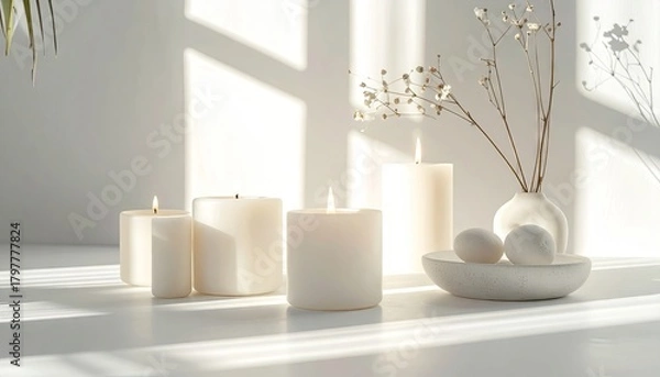 Obraz Serene Scene of White Pillar Candles and Decorative Eggs in a Sunlit Room Evoking Calmness and Purity