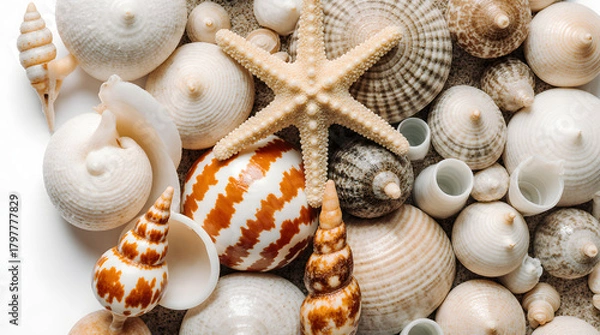 Fototapeta A collection of various seashells and starfish on white background