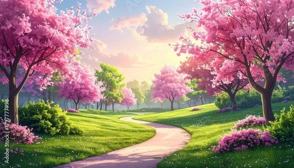 Obraz Serene Spring Park Pathway Bathed in Golden Sunlight with Blooming Pink Cherry Blossom Trees and Lush Green Grass