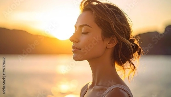 Obraz Serene Woman Meditating at Sunset by the Water with Golden Sunlight on Her Face and Soft Ocean Waves in the Background