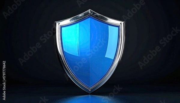 Obraz Shiny Blue Shield Emblem with Metallic Border on Dark Reflective Surface Dramatic Lighting