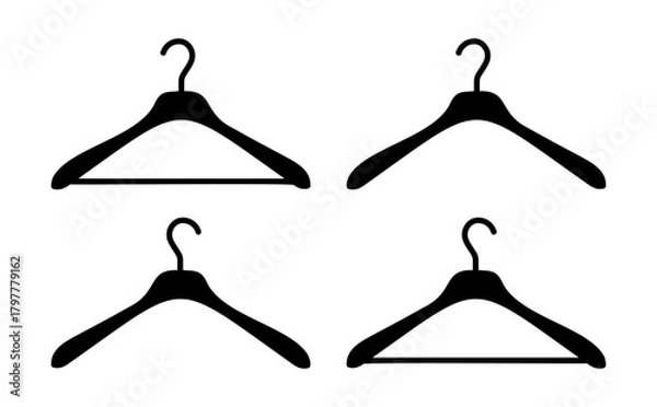 Fototapeta Hanger wardrobe icons. Set of cloakroom black silhouette pictogram. Clothes rack, service symbol. Dry cleaning pattern, clothing store signs collection.