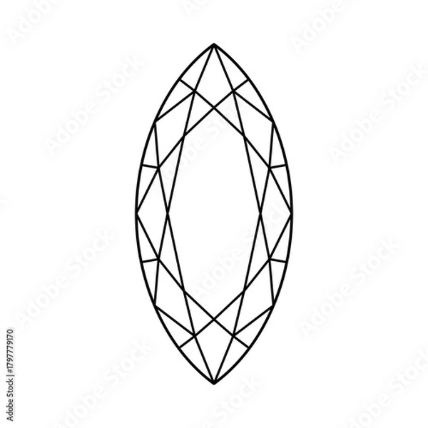 Fototapeta Marquise diamond cut shape flat icon. Design simple thin diagram. Brilliant Marquis cut. Diamond top view. Precious gemstone outline icon for jewellery design, branding, packaging, logo, web, app.