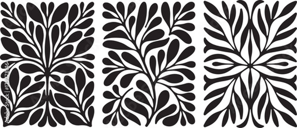 Obraz Three abstract black and white floral patterns with organic shapes and repeating motifs in a modern artistic style