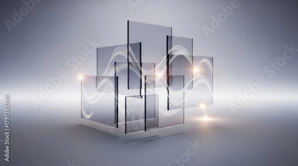Fototapeta Abstract composition of transparent overlapping clear glass panels reflecting light and showcasing smooth energy waves passing through