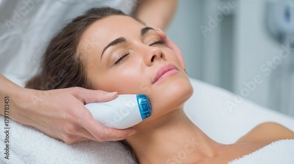 Fototapeta Facial rejuvenation therapy using an advanced cosmetic device. A beautician is treating the skin of a young woman with a modern gadget. A relaxing spa and beauty treatment.