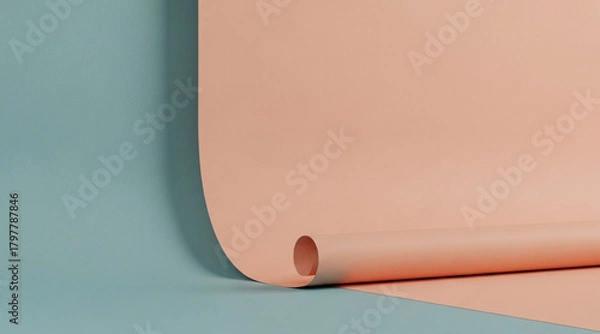Obraz Minimalist geometric studio backdrop with curved pastel pink paper roll extending onto surface divided by light turquoise colored area background.