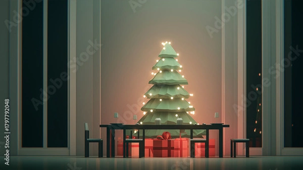 Obraz Minimalist Christmas Tree with Gifts and Dining Table in Modern Interior